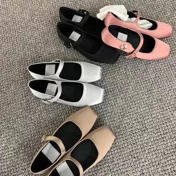 fashion Autumn Square Toe Ballet Flas Shoes Fashion Shallow Buckle Women Flat Shoes Ladies Casual Outdoor Ballerina Shoe Moccasin Woman 35 чёрный