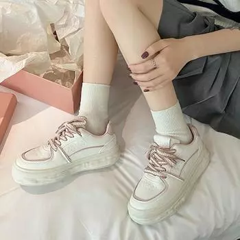 Fashion Autumn Thick Bottom Women s Sneakers Vulcanized Shoes Flat Shoes Leather Shoes Outdoor Casual Non-slip Increase Lace Up Sneakers 35 розовый