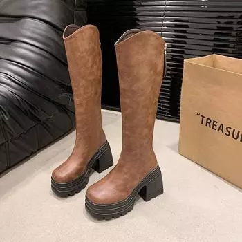 Fashion Autumn Winter Back Zipper New 2024 High Quality New Fashion Women Knee-High Boots Solid Color Women s Shoes Botines De Mujer 35 чёрный