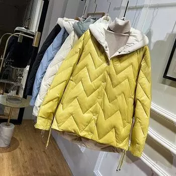 FASHION Autumn winter down jacket women s short corrugated drawstring knitted hat Korean version thickened white duck down student jacket S жёлтый