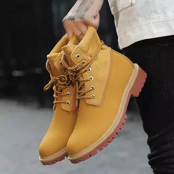 Fashion Autumn/Winter Men s Yellow Boots 2024 Fashion Quality Unisex Ankle Boots Plush Warm Leather Boots For Men High Top Work Shoes 35