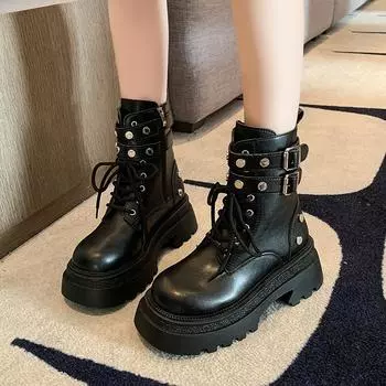 fashion Autumn Winter New Lace-up Women s Boots 2024 Hot Sale Fashion Round Toe Wear Resistant Outdoors Shoes for Women Botas Mujer 35 чёрный