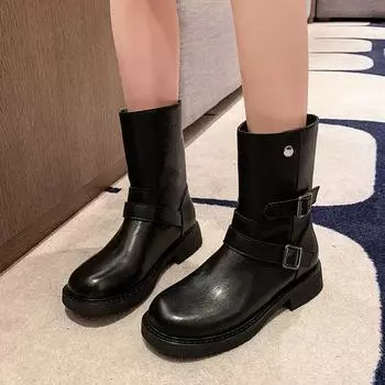 fashion Autumn Winter New Women s Ankle Boots New 2024 High Quality Outdoors Solid Color Double Buckle Decoration Ladies Boots 35 чёрный