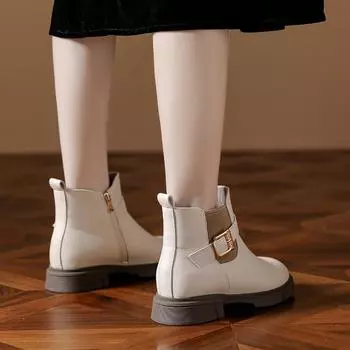 fashion Autumn Winter Thick Sole Anti-slip Lady Buckle Round Toe Solid Leather Boots Increasing Heel Low Top Fur Warm Short Boots New 35(Foot22.5cm)