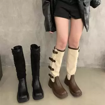 мода осень зима женщина рыцарь высокие сапоги ремень пряжка толстый каблук длинные ботинки ретро стиль женская обувь Botas De Mujer 35 коричневый