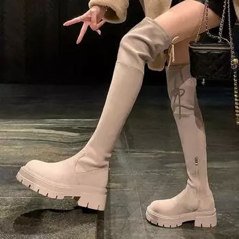 Мода осень зима женская мода новые сапоги выше колена эластичные сапоги выше колена толстый высокий каблук сексуальные модные сапоги с высоким рукавом размер 35-40 35