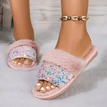 Fashion Autumn Winter Women Non-slip Slippers Cotton Open Toe Outdoor Slides 2024 New Ladies Flat Indoor Shoes Plus Size Plush Slippers 36-37 красный