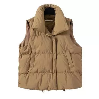 FASHION Autumn Winter Women Waistcoat Stand Collar Sleeveless Zipper Placket Pockets Design Solid Color Thickened Vest Coat Outwear M хаки