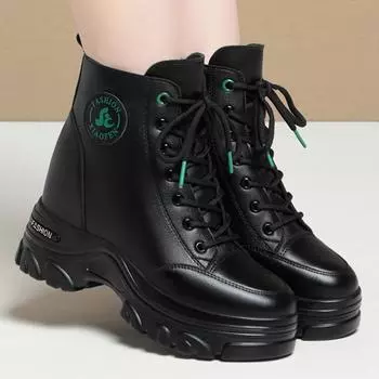 fashion Autumn Winter Women Warm Leather Platform Wedge Mid Calf Ankle Motorcycle Booties Non Slip Plus Velvet High Top Casual Shoes 35(Foot22.5cm)