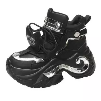 Fashion Autumn Women Chunky Sneakers 6.5CM Heels Winter Thick Sole Casual Vulcanized Shoes High Platform Genuine Leather Sneakers Woman 35 чёрный