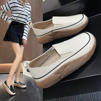Fashion Autumn Women Round Head Vintage Thick Sole Platform Shoes Slip on Single Shoes Comfortable Casual Women s Shoes Vulcanized Shoes 35