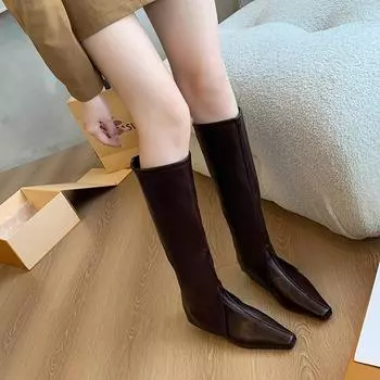 fashion Autumn Women s Boots Square Toe Low Heel Shoes for Women Zip Kenn-high Modern Boots Outdoor Fashion Solid Color High Tube Shoes 35 бежевый