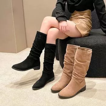 Fashion Autumn Women s Mid Calf Boots New Concise Flock Chunku Heel Riding Boots for Women Platform Shoes Outdoor Casual Women s Boots 36 чёрный