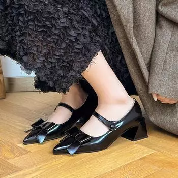 Fashion Autumn Women s Pionted Toe Bowknot Heeled Shoes New Fashion Shallow Chunky Heel Mary Jane Shoes for Women Dress Student Pumps 35 чёрный