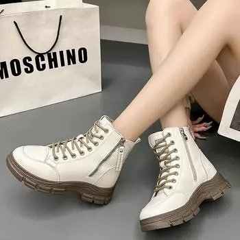 Fashion Autumn Women s Platform Walking Shoes New Fashion Lace Up Zipper Ankle Boots for Women Sneakers Outdoor Casual Women s Boots 35 бежевый