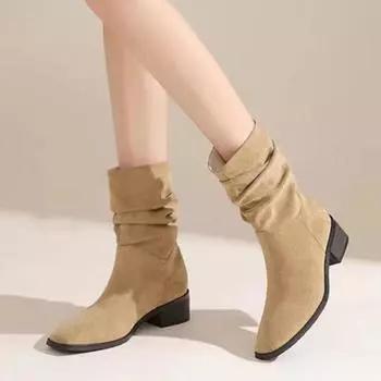Fashion Autumn Women s Pointed Toe Chunky Heel Riding Boots Retro Women s Mid Calf Boots Outdoor Casual Heeled Shoes Zapatos De Mujer 36 хаки