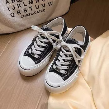 fashion Autumn Women s Vulcanize Shoes Round Toe Flat Shoes for Women Lace-up Platform Sneakers Outdoor Classic Youth Low Top Sneakers 35 чёрный
