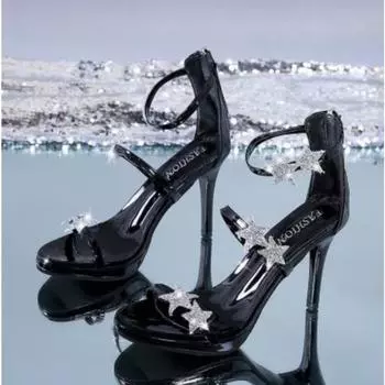 Fashion Back zipper sandals summer round head rhinestone one-line buckle bag with women s stiletto heels 35