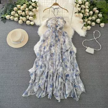 Fashion Backless Blooming Print Chiffon Dress Tube Top Purple floral M