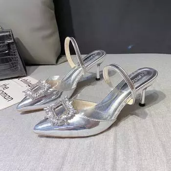 Fashion bag head high heels summer new fairy rhinestone pointed single shoes silver transparent French one-word belt sandals 34 серебряный