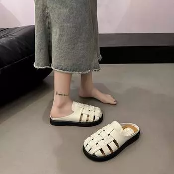 Fashion bag head slippers women s outer wear 2025 spring and summer new retro woven hollow one pedal lazy drag 35 серебряный