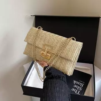 Fashion bag women s 2025 new vacation wind chain flip lock straw bag shoulder bag women s bag коричневый