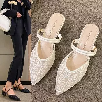 модные босоножки Baotou для женщин, летние толстые каблуки, 2024 новые туфли на среднем каблуке для женщин, босоножки в стиле феи для женщин 35 бежевый