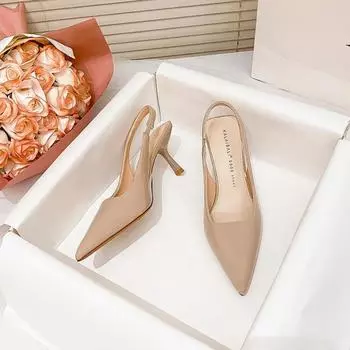 Fashion Baotou Sandals Women s 2024 Summer New Versatile French Sexy Women s Shoes Pointy Back Hollow High Heels Women Ladies Shoes 35 бежевый