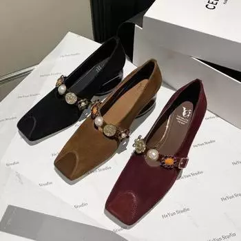 мода бисерные туфли Мэри Джейн женские туфли на высоком каблуке ретро замшевые лоферы 2024 тренд осень элегантное платье массивные туфли-лодочки роскошь Zapatos Mujer 35 чёрный