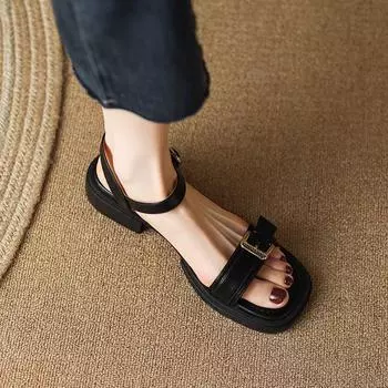 Fashion Beige Ladies Shoes Open Toe Summer 2024 Footwear One Word Black Sandals For Women With Stylish Offer Casual The Best Daily 35