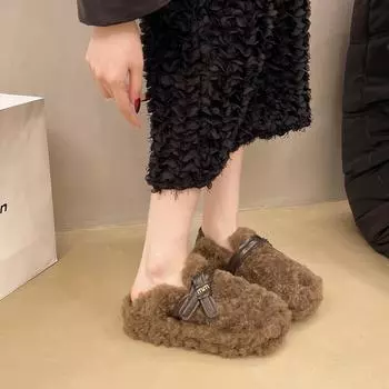 Fashion belt buckle versatile wool shoes women s cotton shoes 2024 autumn and winter new outer wear lamb wool velvet bean shoes women 35 чёрный