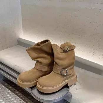 Модные женские сапоги с пряжкой на ремне, женские сапоги до середины голени с круглым носком, новые рыцарские туфли на низком каблуке 2024 года, нескользящая обувь с металлической пряжкой 37 чёрный