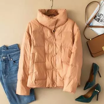 FASHION Белый утиный пух, маленькая темпераментная куртка, легкая, новая куртка, женская короткая, воротник-стойка, зимняя одежда S белый