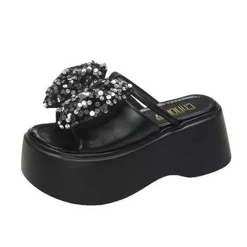 Fashion Big Bowknot Wedge Flip Flops for Women Summer 2024 Platform Non Slip Sandals Woman Thick Sole 7.5CM Heels Beach Slide Slippers 34 серебряный