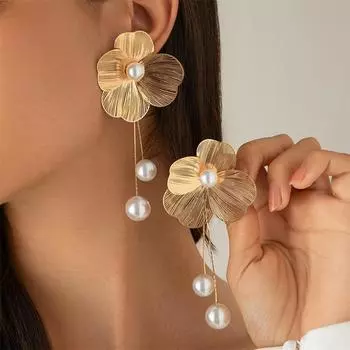 Fashion Big Flower Earring with Pearl Pendant Korean Design Earrings for Women Girls Metal Jewelry Accessories Party Gift golden