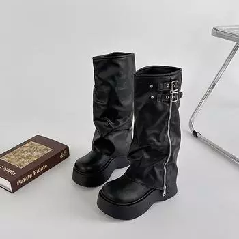 Fashion big-headed pants boots stacking boots knight boots spring and autumn thick-soled leather boots but knee-high boots shoes women 34