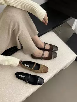 fashion Black Brown Khaki Fashion Women Flats Loafers Belt Buckle Flat Low Heeled Flock Dress Shoes Woman Sexy Pumps Loafers Size 35-39 5.5 чёрный