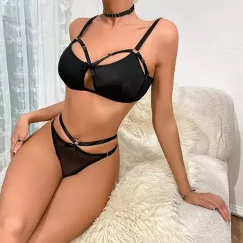 Fashion Black heavy industry sex underwear thong set with scarf bow hollow without steel ring S