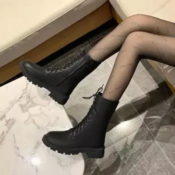 Fashion Black Ladies Mid Calf Shoes Biker Round Toe Platform Women s Half High Boots Quality Trend 2024 Hot New Comfortable and Elegant 35