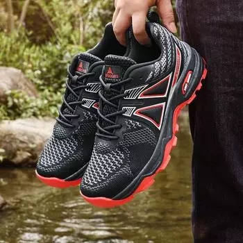 Fashion Black Red Hiking Walking Shoes Men Mesh Breathable Non-slip Men s Trekking Sneakers Lace-up Outdoor Sports Shoes For Man 39