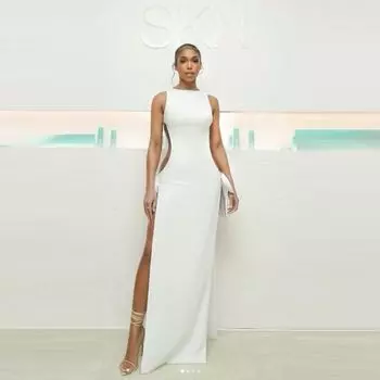 Fashion Black round Neck French Style Bow Sexy Knitting Dress Sexy Silm Cut Out Catwalk Banquet Dress White S