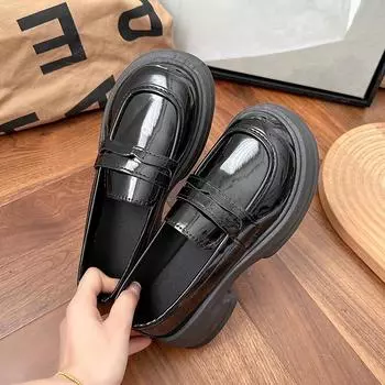 Fashion Black round toe leather shoes Women Classic shallow mouth single shoes College style thick soled Lolita shoes JK uniform shoes 4.5