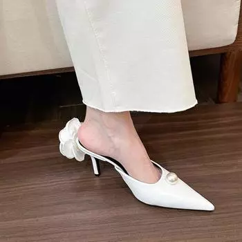 Fashion Black Satin High Heels Slippers Spring Pearl High Heels Stiletto Heels Women Stiletto Party White Rose Sandals Shoes for Woman 35 белый