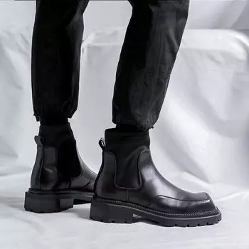 Fashion Black thick soled men s boots Trendy square design style Outdoor Fashion Party Street walking Youth versatile leather shoes 38 чёрный