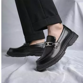 Fashion Black Thick soled men s leather shoes Trendy British style Leisure business party daily office walking men s Slip on shoes 38 чёрный