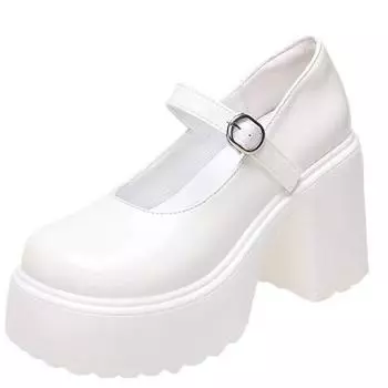 модные черные белые туфли Мэри Джейн на очень толстом высоком каблуке на платформе для женщин повседневные весенне-летние туфли на мелкой подошве для вечеринок массивные туфли для женщин 34 белый