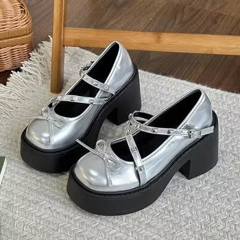 Fashion Black Y2K Lolita shoes Pumps Women Chunky Platform Mary Jane Shoes Woman Gothic Metal rivet design Thick Heel JK uniform shoes 35 чёрный