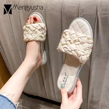 Fashion Bling Bling Crystal Flat Slippers Woman Brand Designer Knitted&Chains Flip Flops Shoes Ladies Beach Sandals Comfy Plaid Slides 4.5 бежевый