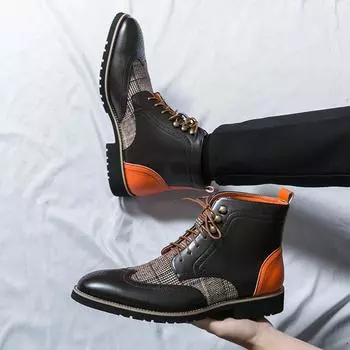 Fashion Block Men Boots PU Splicing Mixed Color Low Heel High Top Strap Fashion Comfortable Classic Business Banquet Boots 38 коричневый