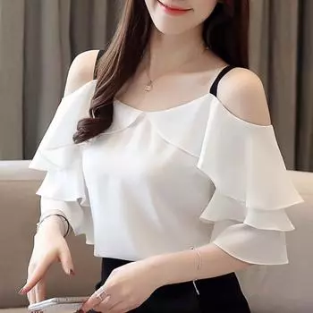 Fashion Blouses Woman Off Shoulder Top Women Blouses White Chiffon Blouse Women Tops And Blouses XXL белый